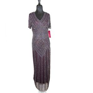 NEW Pisarro Nights Gown Wine Iridescent Fully Hand Beaded Maxi Dress Size 8